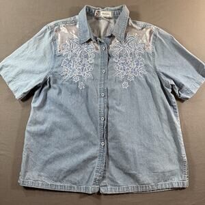 PASSION-I Denim Floral Embroidered Button-Up Shirt Blue Short Sleeve XL